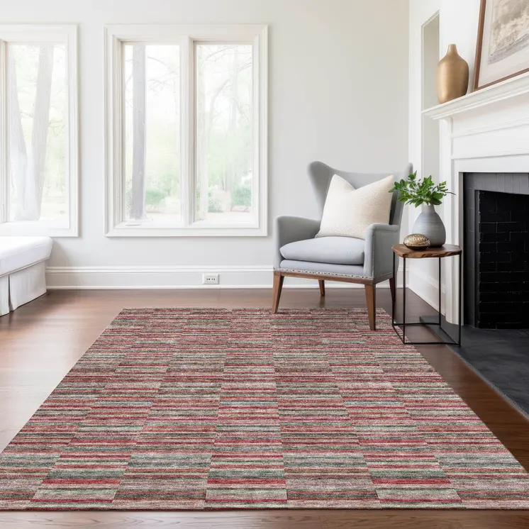 3' X 5' Red Beige And Copper Striped Washable Indoor Outdoor Area Rug