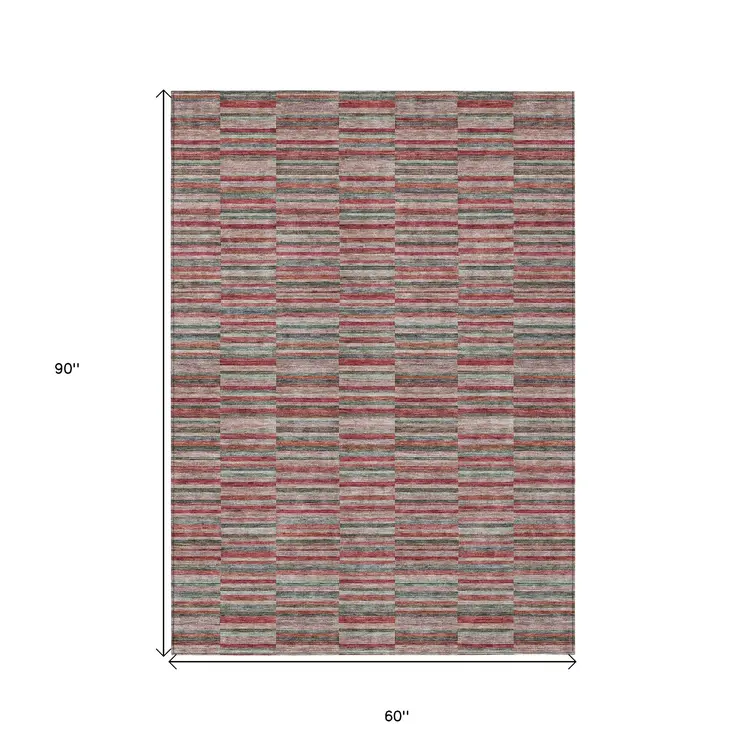 5' X 8' Red Beige And Copper Striped Washable Indoor Outdoor Area Rug