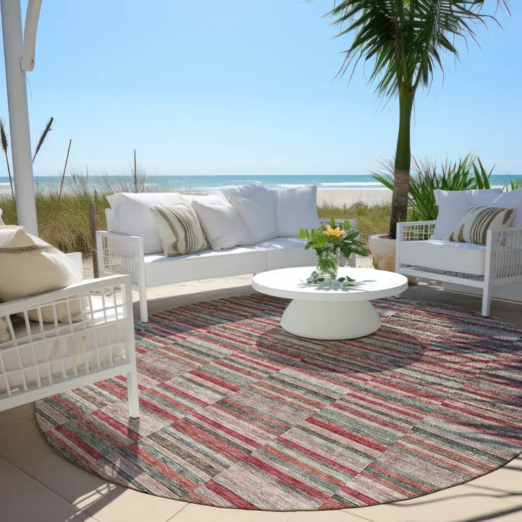8' Red Beige And Copper Round Striped Washable Indoor Outdoor Area Rug