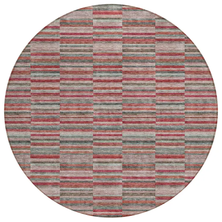 8' Red Beige And Copper Round Striped Washable Indoor Outdoor Area Rug