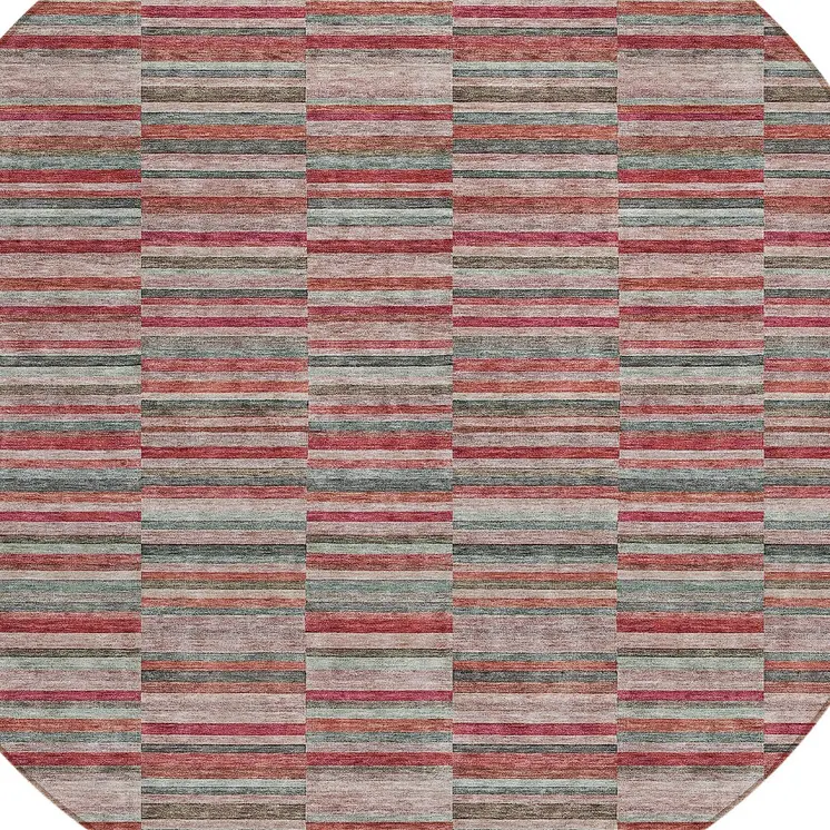 8' Red Beige And Copper Round Striped Washable Indoor Outdoor Area Rug