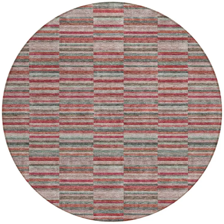 8' Red Beige And Copper Round Striped Washable Indoor Outdoor Area Rug