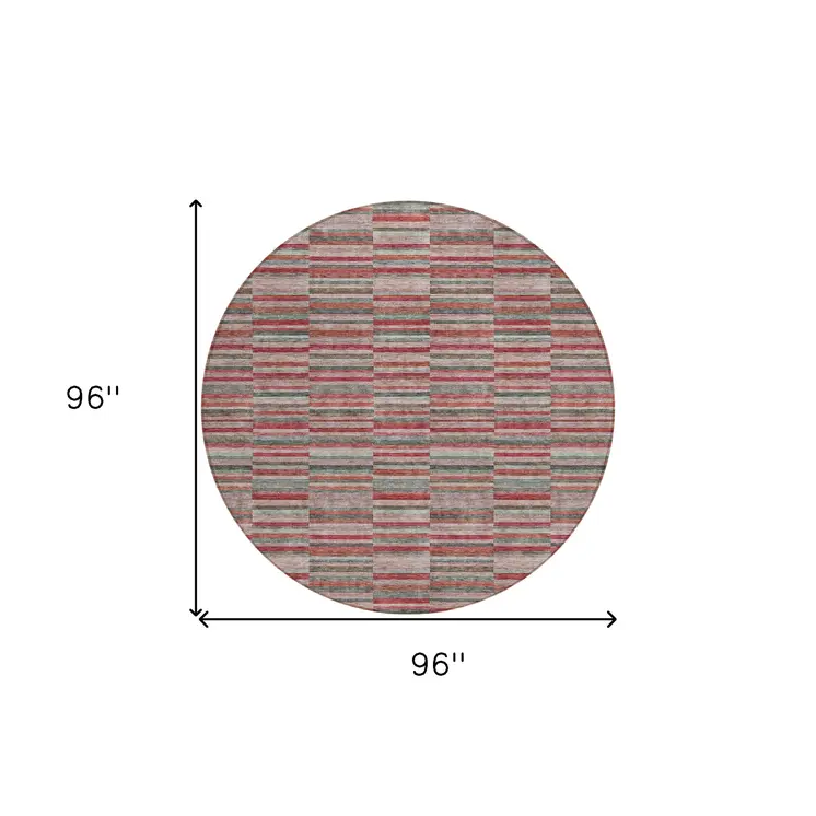 8' Red Beige And Copper Round Striped Washable Indoor Outdoor Area Rug