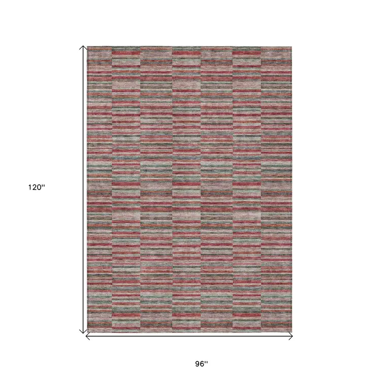 8' X 10' Red Beige And Copper Striped Washable Indoor Outdoor Area Rug