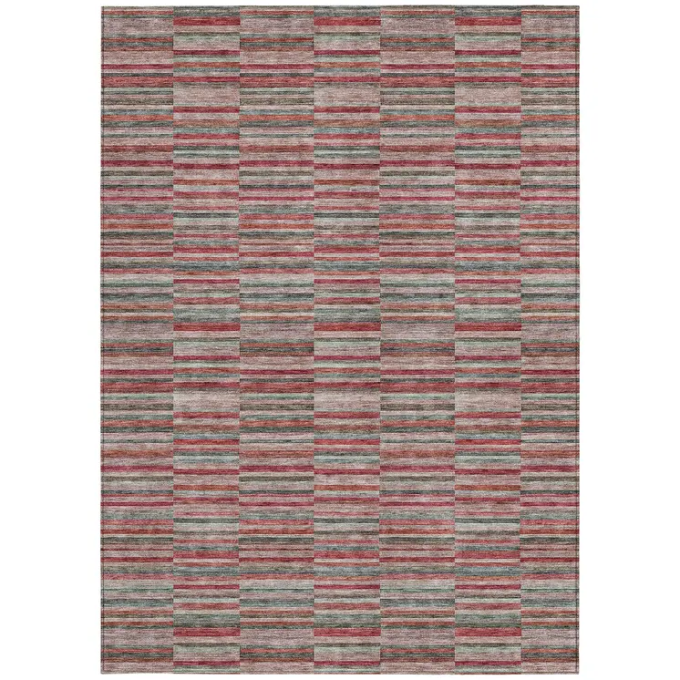 9' X 12' Red Beige And Copper Striped Washable Indoor Outdoor Area Rug