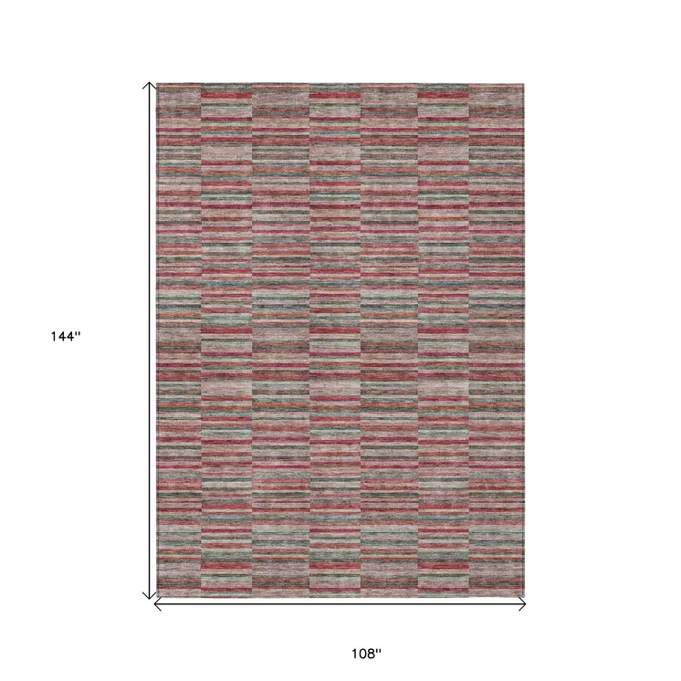 9' X 12' Red Beige And Copper Striped Washable Indoor Outdoor Area Rug