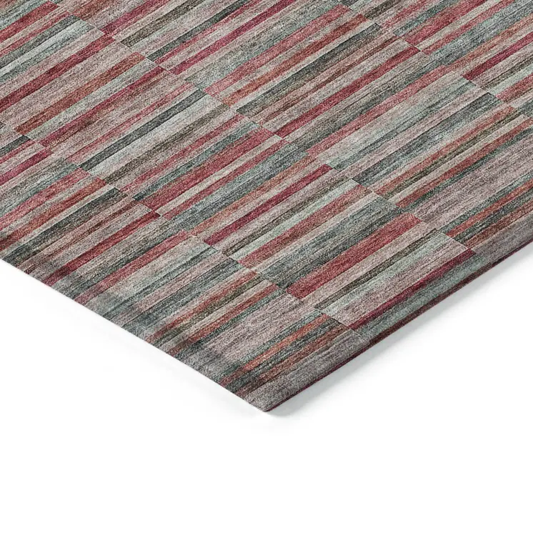 9' X 12' Red Beige And Copper Striped Washable Indoor Outdoor Area Rug