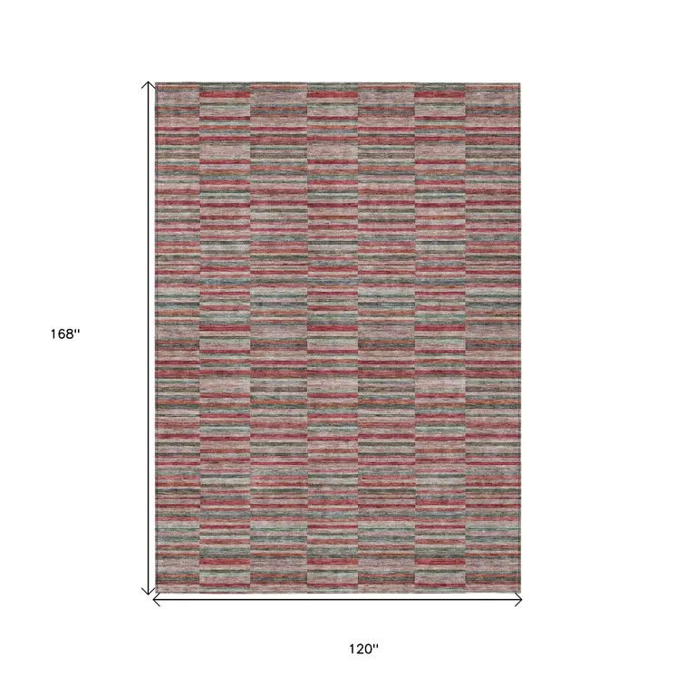 10' X 14' Red Beige And Copper Striped Washable Indoor Outdoor Area Rug