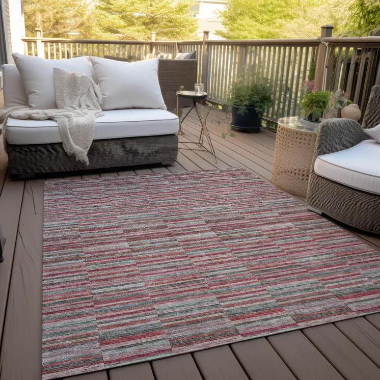 10' X 14' Red Beige And Copper Striped Washable Indoor Outdoor Area Rug