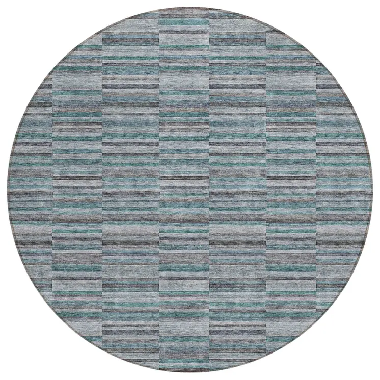 8' Teal Blue Aqua And Gray Round Striped Washable Indoor Outdoor Area Rug