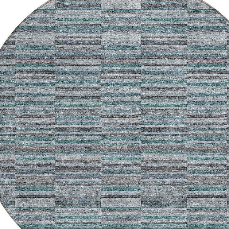 8' Teal Blue Aqua And Gray Round Striped Washable Indoor Outdoor Area Rug