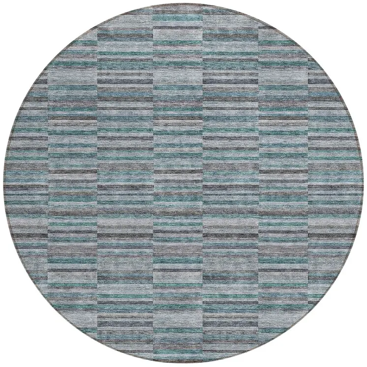 8' Teal Blue Aqua And Gray Round Striped Washable Indoor Outdoor Area Rug