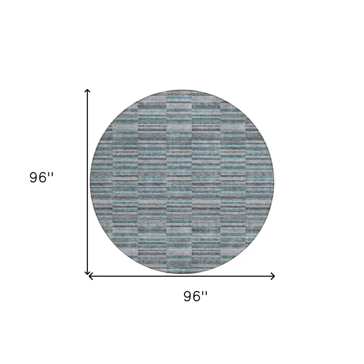 8' Teal Blue Aqua And Gray Round Striped Washable Indoor Outdoor Area Rug