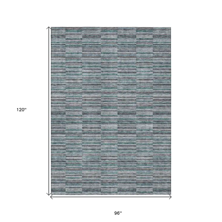 8' X 10' Teal Blue Aqua And Gray Striped Washable Indoor Outdoor Area Rug