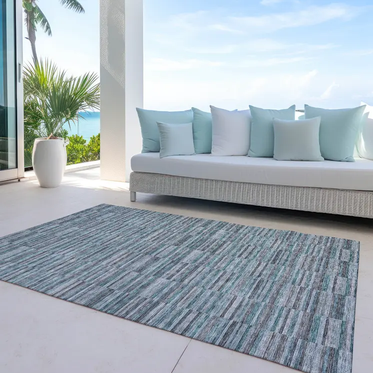 8' X 10' Teal Blue Aqua And Gray Striped Washable Indoor Outdoor Area Rug