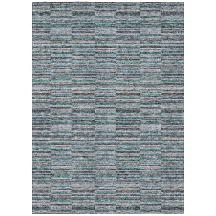 8' X 10' Teal Blue Aqua And Gray Striped Washable Indoor Outdoor Area Rug
