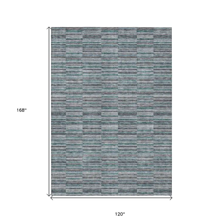 10' X 14' Teal Blue Aqua And Gray Striped Washable Indoor Outdoor Area Rug