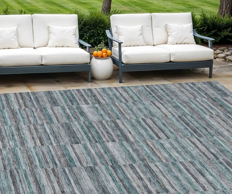 10' X 14' Teal Blue Aqua And Gray Striped Washable Indoor Outdoor Area Rug
