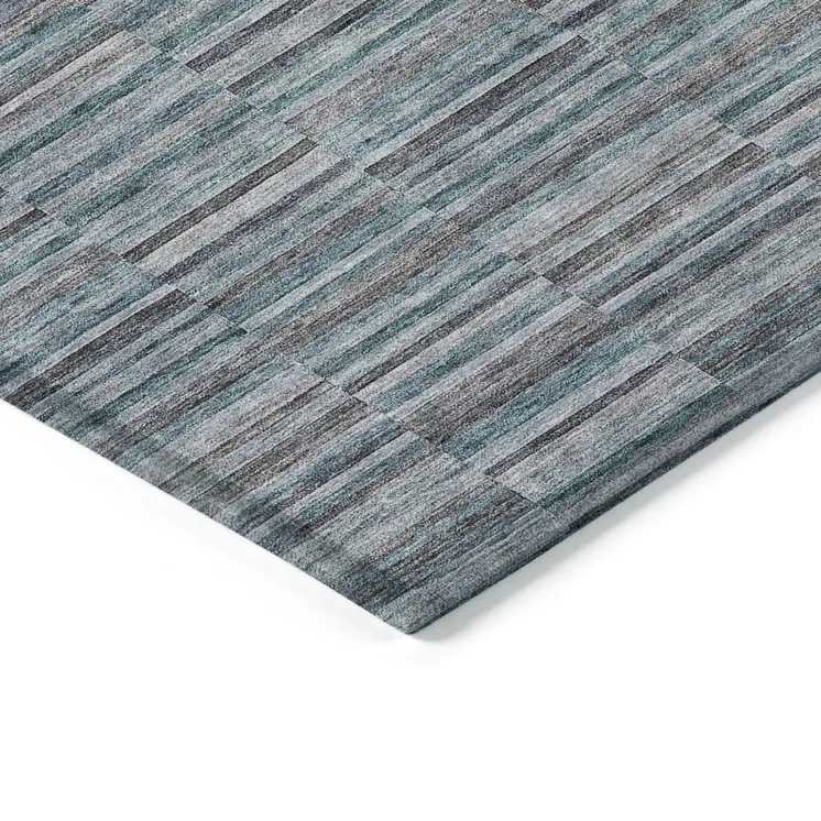 10' X 14' Teal Blue Aqua And Gray Striped Washable Indoor Outdoor Area Rug