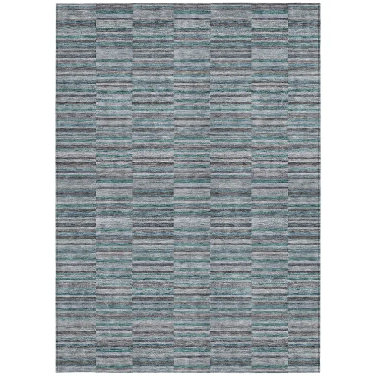 10' X 14' Teal Blue Aqua And Gray Striped Washable Indoor Outdoor Area Rug