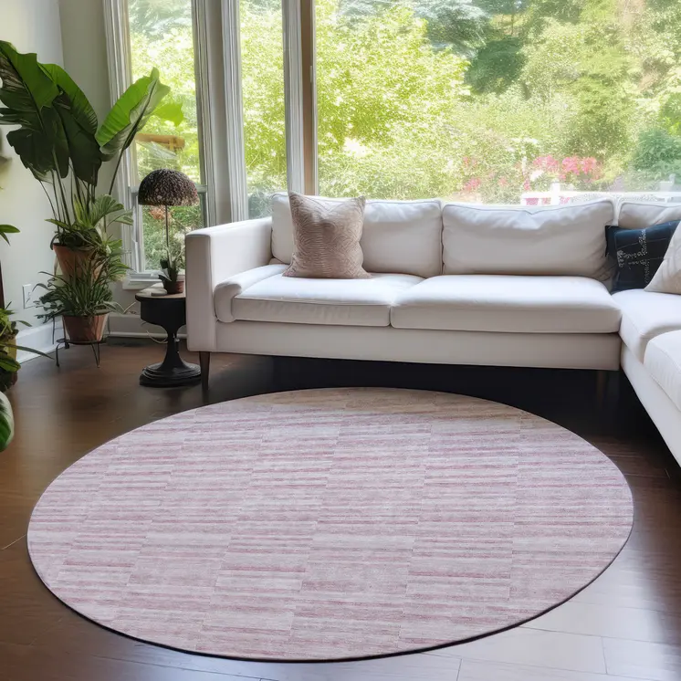 8' Blush Pink And Beige Round Striped Washable Indoor Outdoor Area Rug
