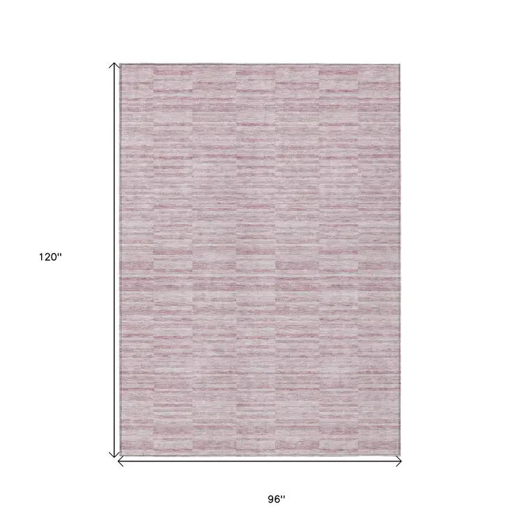8' X 10' Blush Pink And Beige Striped Washable Indoor Outdoor Area Rug