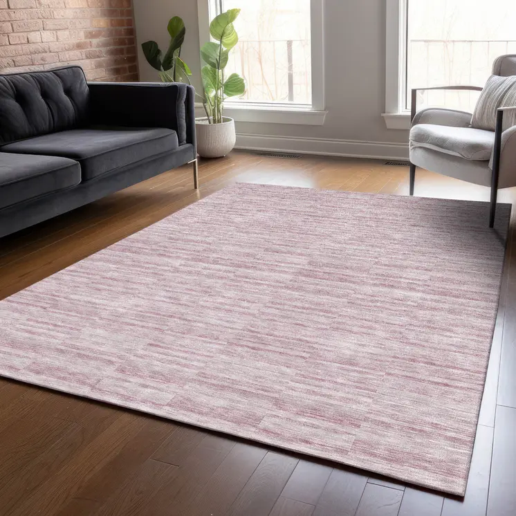 10' X 14' Blush Pink And Beige Striped Washable Indoor Outdoor Area Rug
