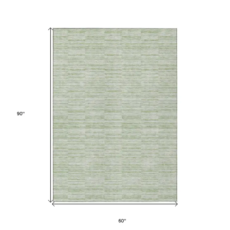 5' X 8' Sage And Green Striped Washable Indoor Outdoor Area Rug