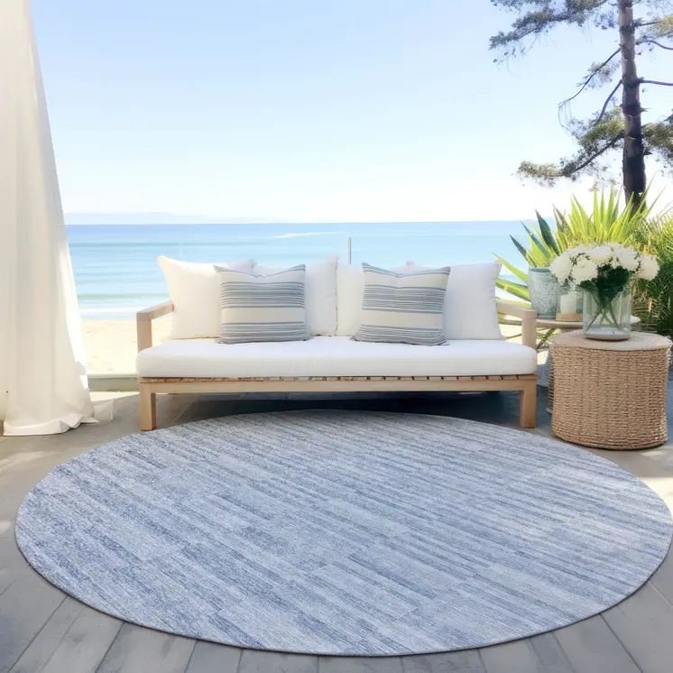 8' Sky Blue And Denim Blue Round Striped Washable Indoor Outdoor Area Rug
