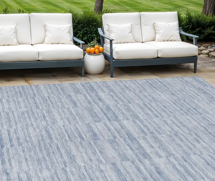 9' X 12' Sky Blue And Denim Blue Striped Washable Indoor Outdoor Area Rug