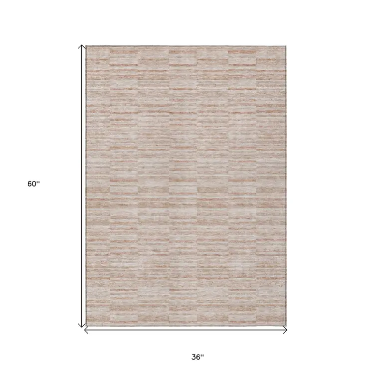 3' X 5' Salmon Copper And Beige Striped Washable Indoor Outdoor Area Rug