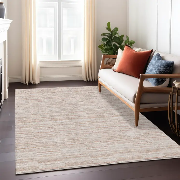 3' X 5' Salmon Copper And Beige Striped Washable Indoor Outdoor Area Rug