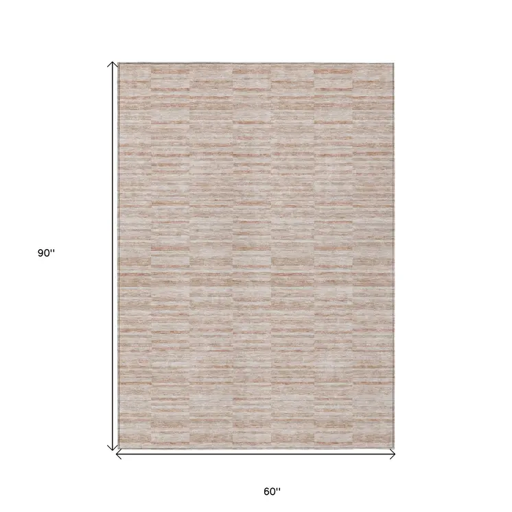 5' X 8' Salmon Copper And Beige Striped Washable Indoor Outdoor Area Rug