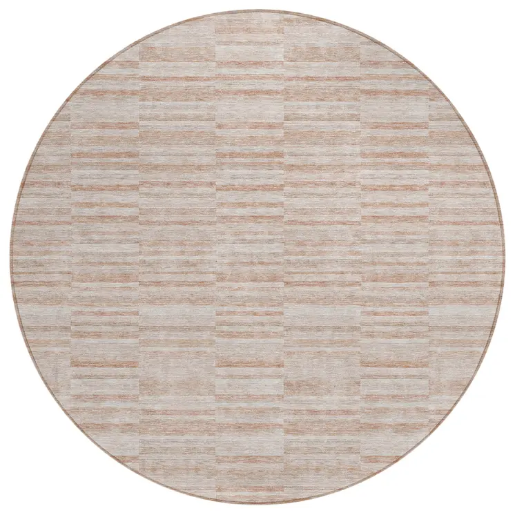 8' Salmon Copper And Beige Round Striped Washable Indoor Outdoor Area Rug