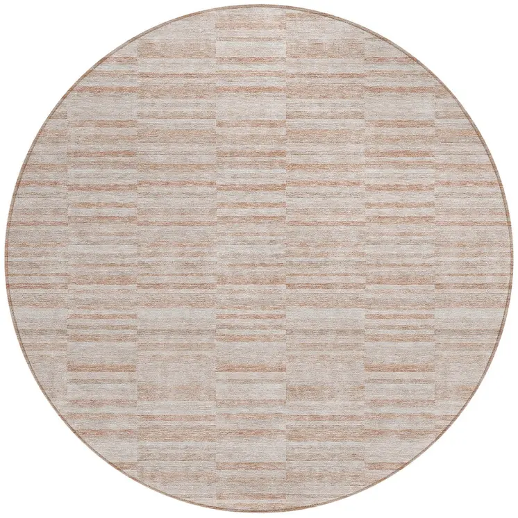 8' Salmon Copper And Beige Round Striped Washable Indoor Outdoor Area Rug
