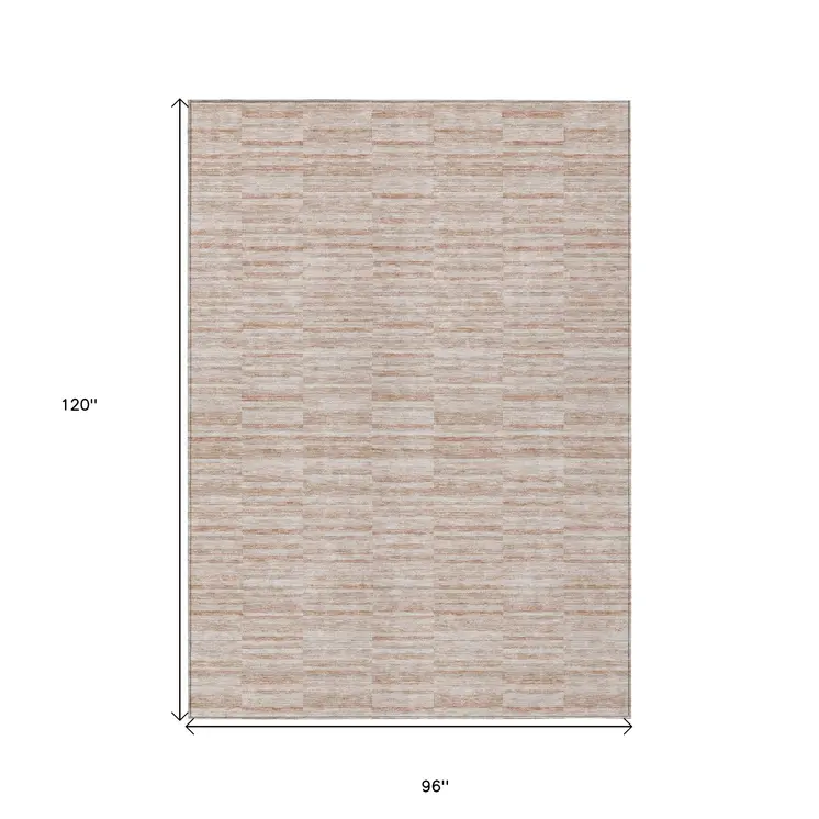 8' X 10' Salmon Copper And Beige Striped Washable Indoor Outdoor Area Rug