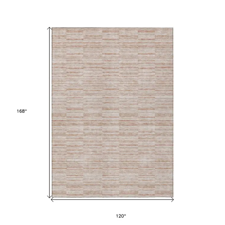10' X 14' Salmon Copper And Beige Striped Washable Indoor Outdoor Area Rug