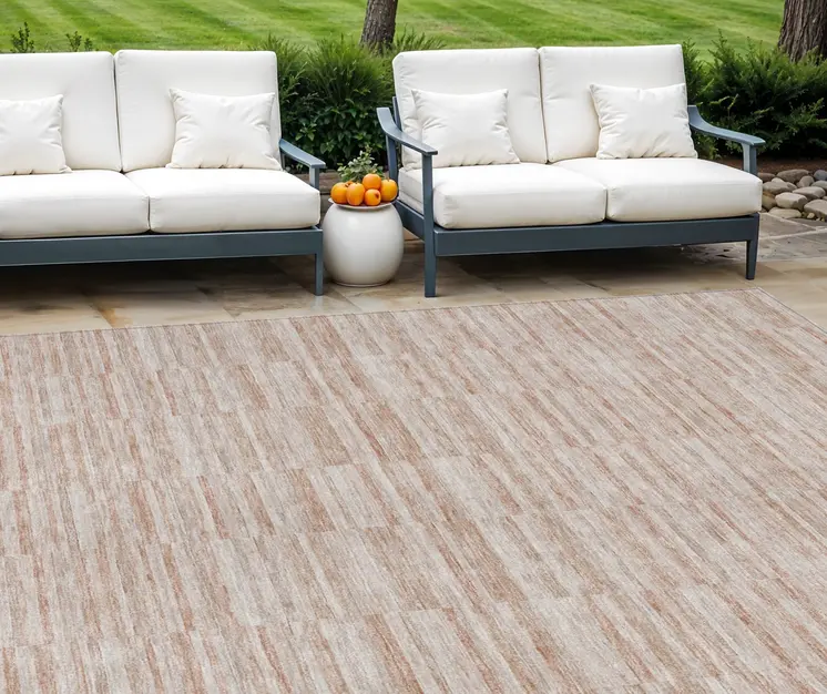 10' X 14' Salmon Copper And Beige Striped Washable Indoor Outdoor Area Rug