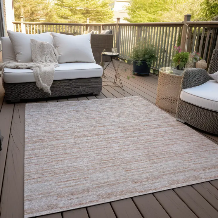 10' X 14' Salmon Copper And Beige Striped Washable Indoor Outdoor Area Rug