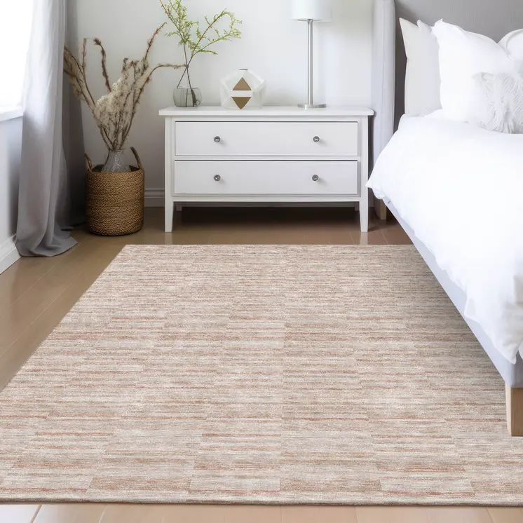 10' X 14' Salmon Copper And Beige Striped Washable Indoor Outdoor Area Rug