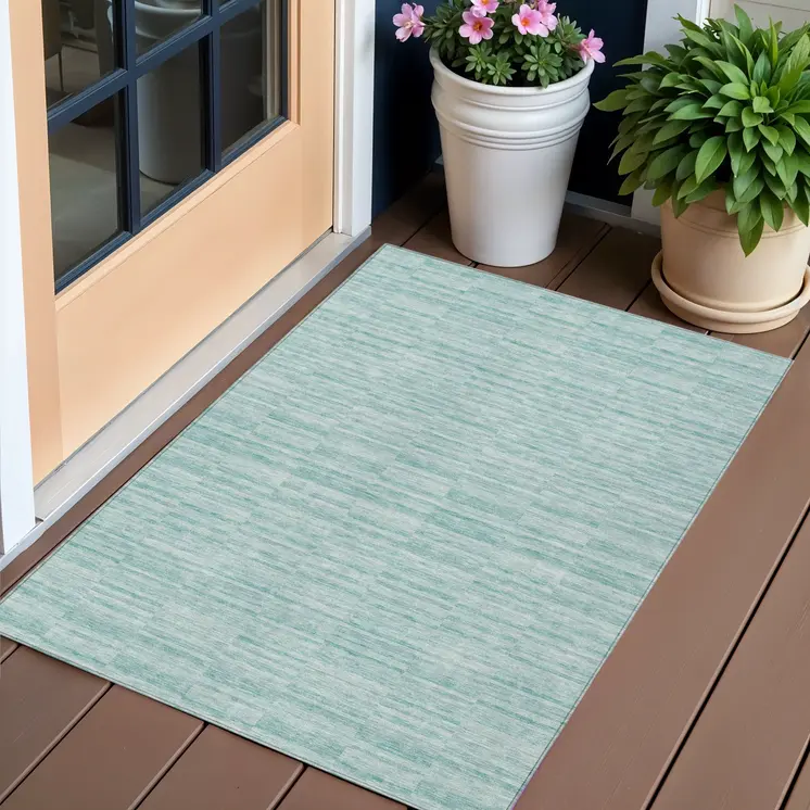 3' X 5' Turquoise Teal Blue And Gray Striped Washable Indoor Outdoor Area Rug