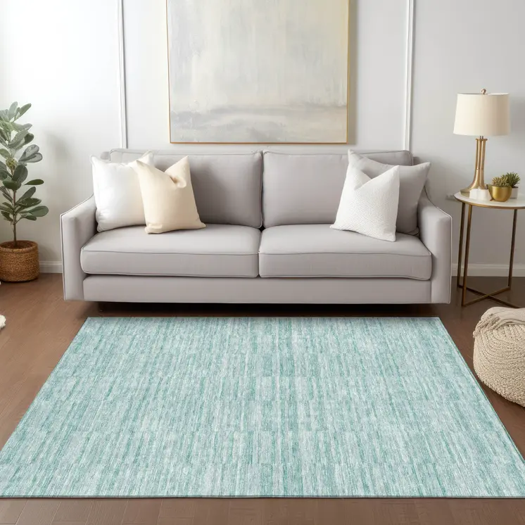 3' X 5' Turquoise Teal Blue And Gray Striped Washable Indoor Outdoor Area Rug