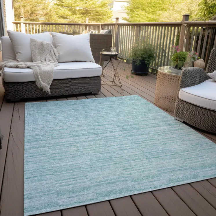 8' X 10' Turquoise Teal Blue And Gray Striped Washable Indoor Outdoor Area Rug