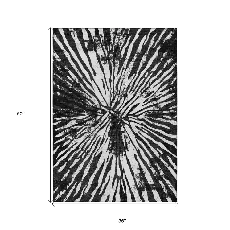 3' X 5' Black Charcoal And Ivory Abstract Washable Indoor Outdoor Area Rug