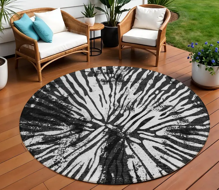 8' Black Charcoal And Ivory Round Abstract Washable Indoor Outdoor Area Rug