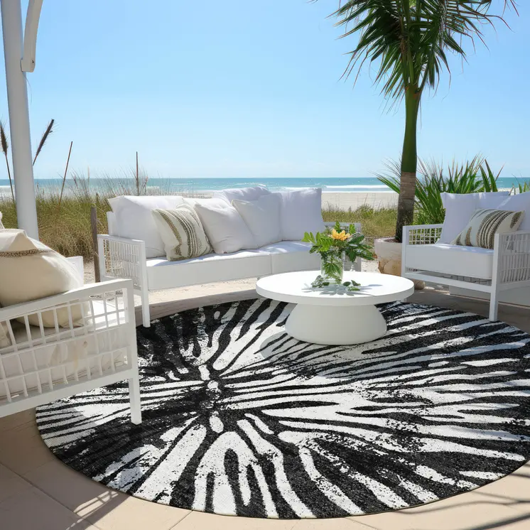 8' Black Charcoal And Ivory Round Abstract Washable Indoor Outdoor Area Rug