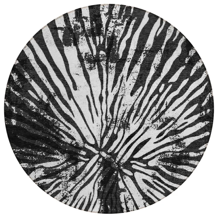 8' Black Charcoal And Ivory Round Abstract Washable Indoor Outdoor Area Rug