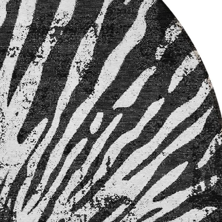 8' Black Charcoal And Ivory Round Abstract Washable Indoor Outdoor Area Rug