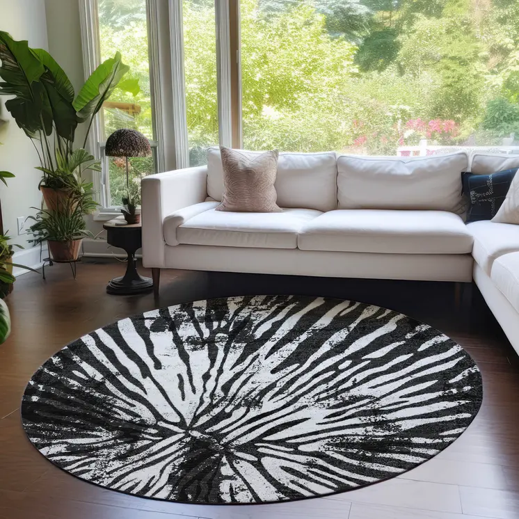 8' Black Charcoal And Ivory Round Abstract Washable Indoor Outdoor Area Rug