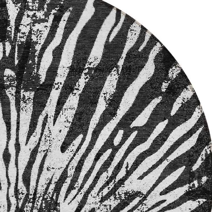 8' Black Charcoal And Ivory Round Abstract Washable Indoor Outdoor Area Rug